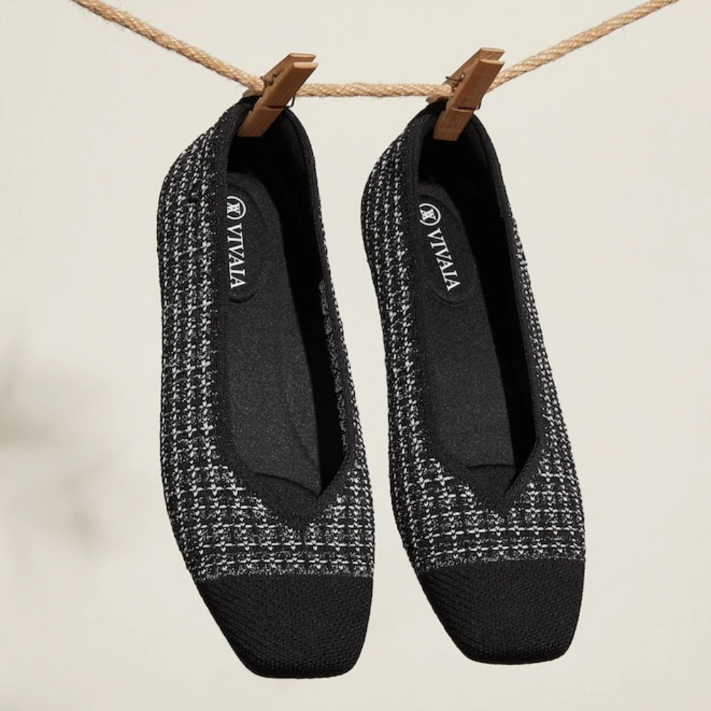 VIVAIA Square-Toe V-Cut Flats Margot 2.0 in Black Tweed Size 8.5